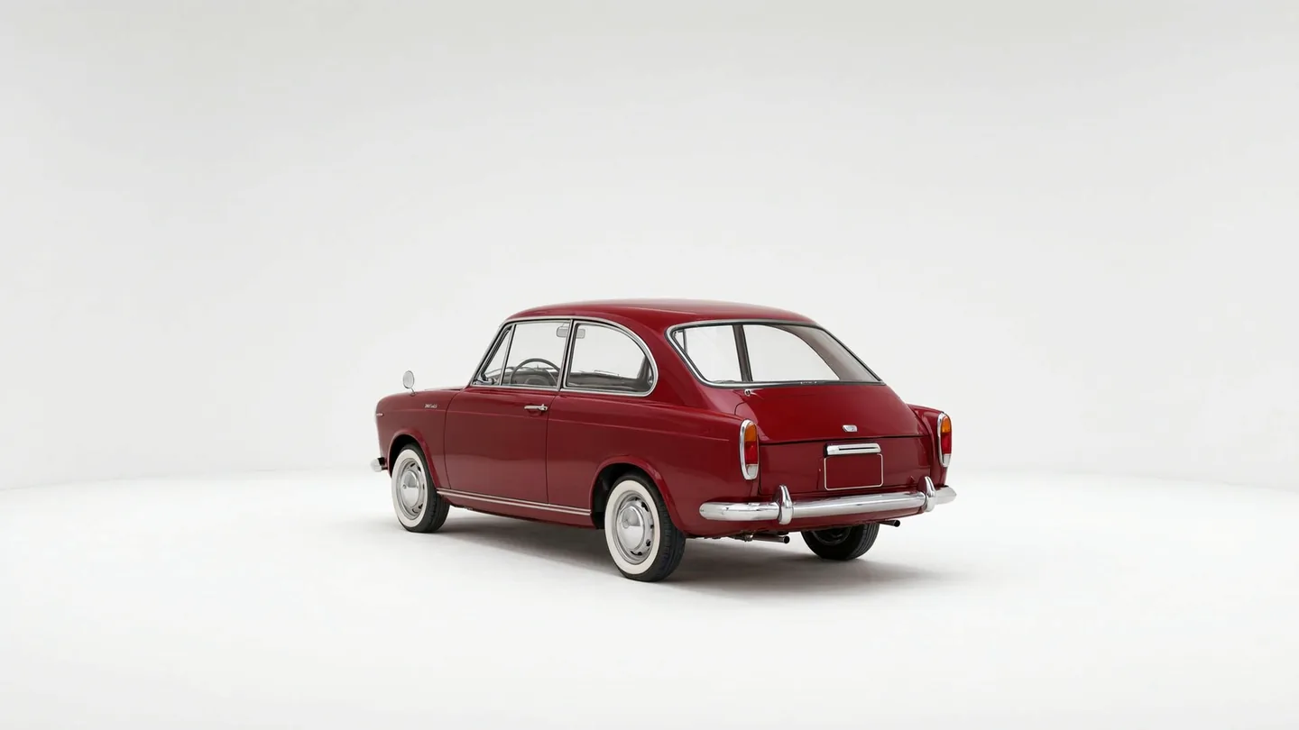 A deep red 1960s saloon car in a white photo studio